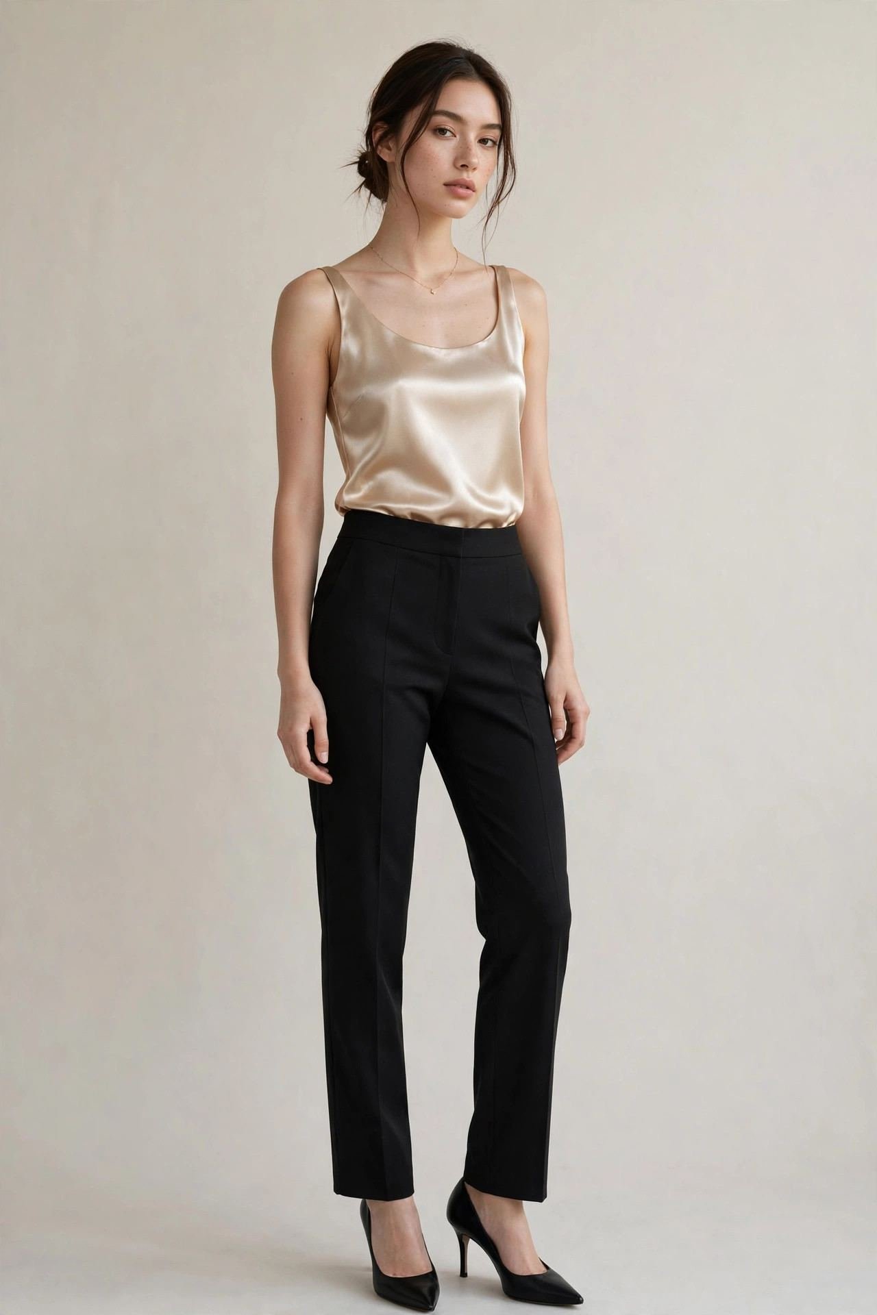 Woman in black trousers with an elegant satin shell top