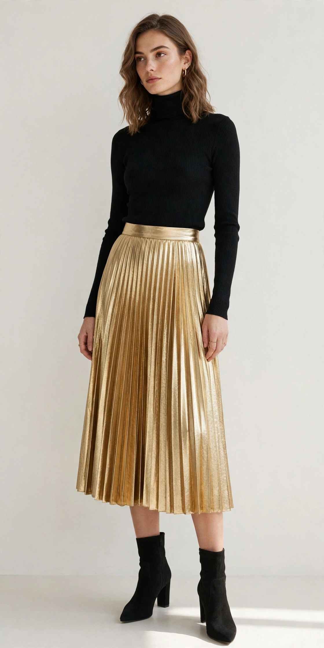Woman in a pleated midi skirt with a fitted turtleneck