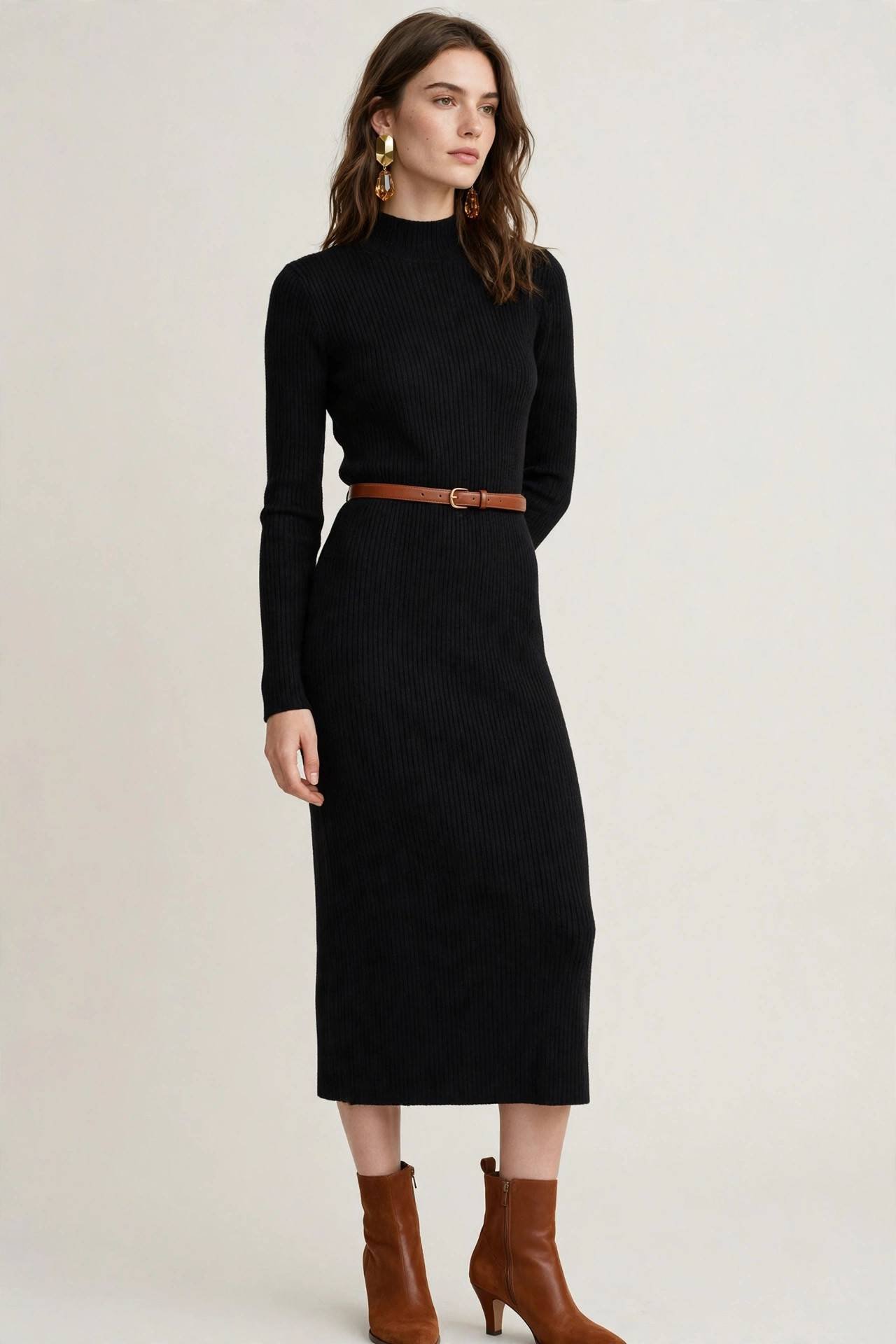 Woman in a belted knit midi dress, professional look