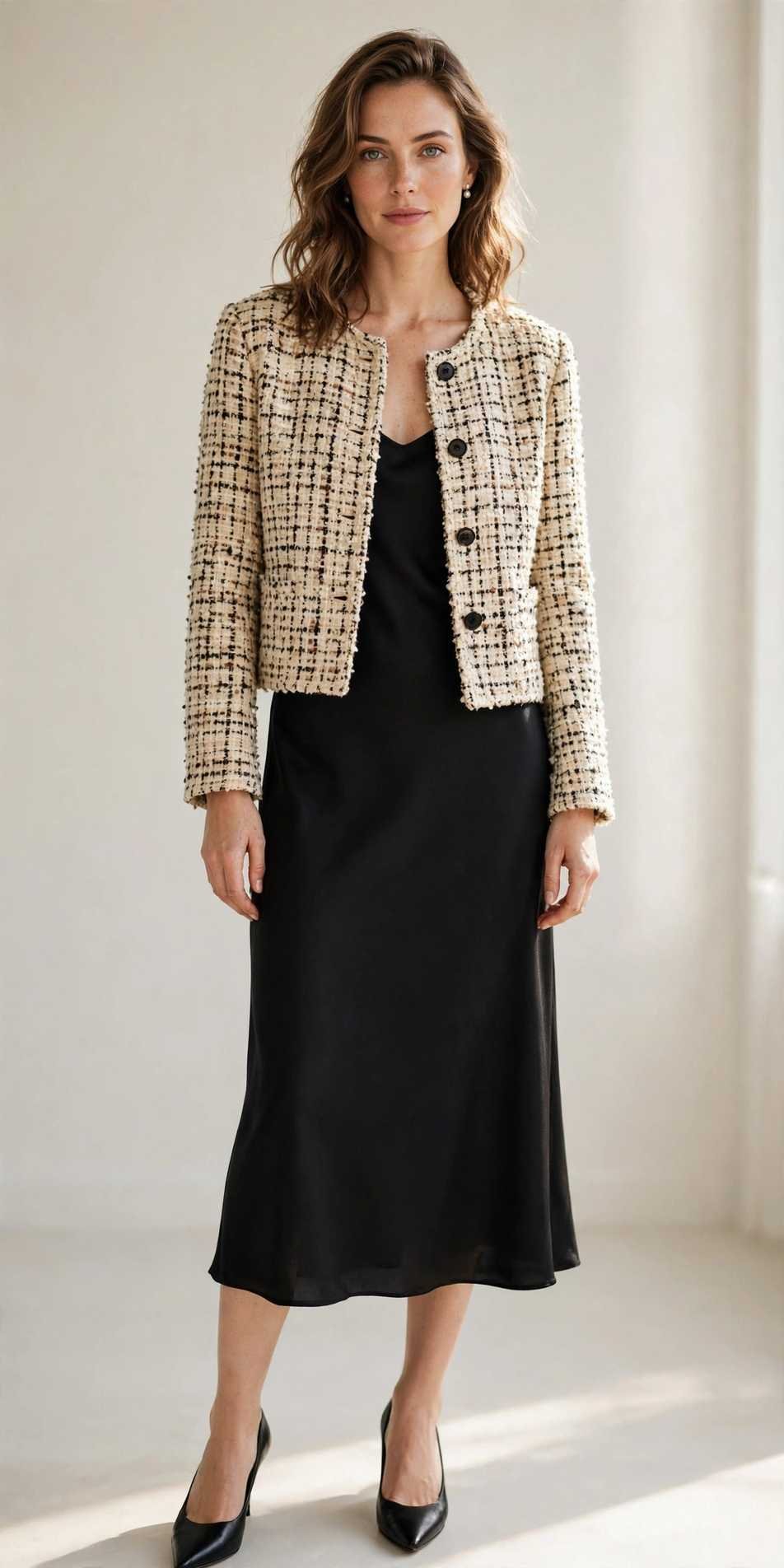 Woman in a tweed jacket over an elegant dress