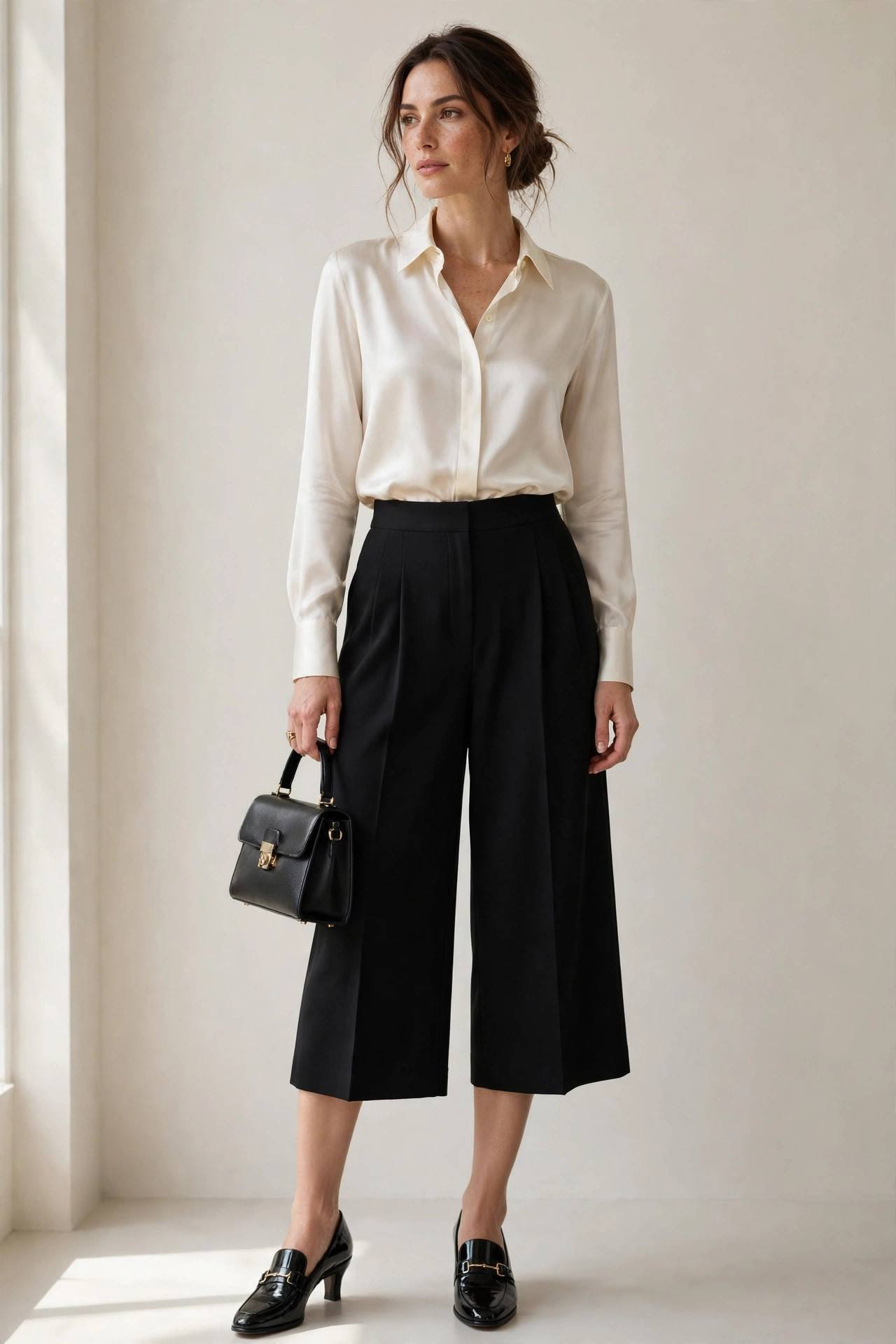 Woman in culottes with heeled loafers, office style