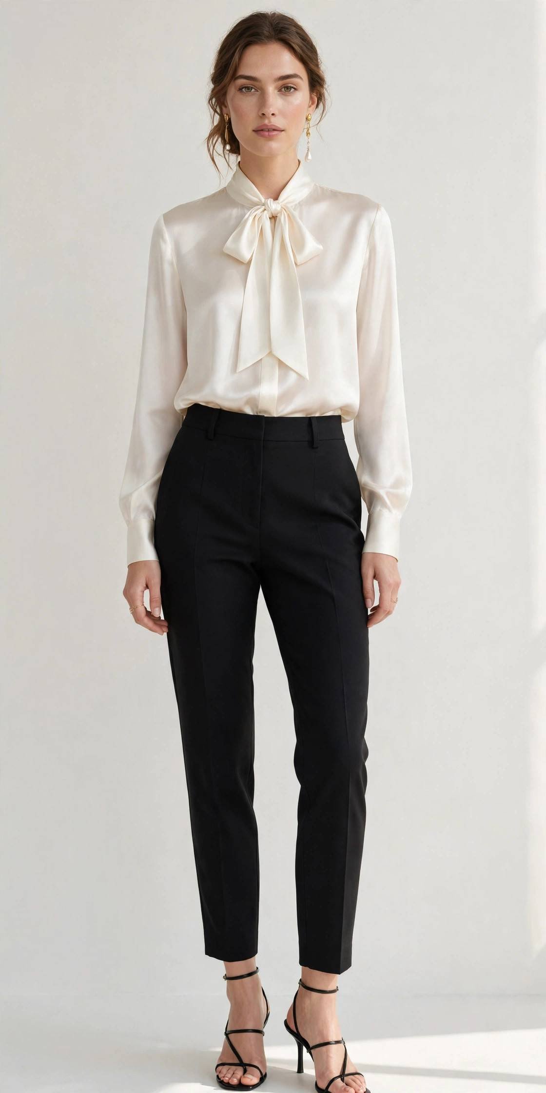 Woman in a pussy-bow blouse with tailored office trousers
