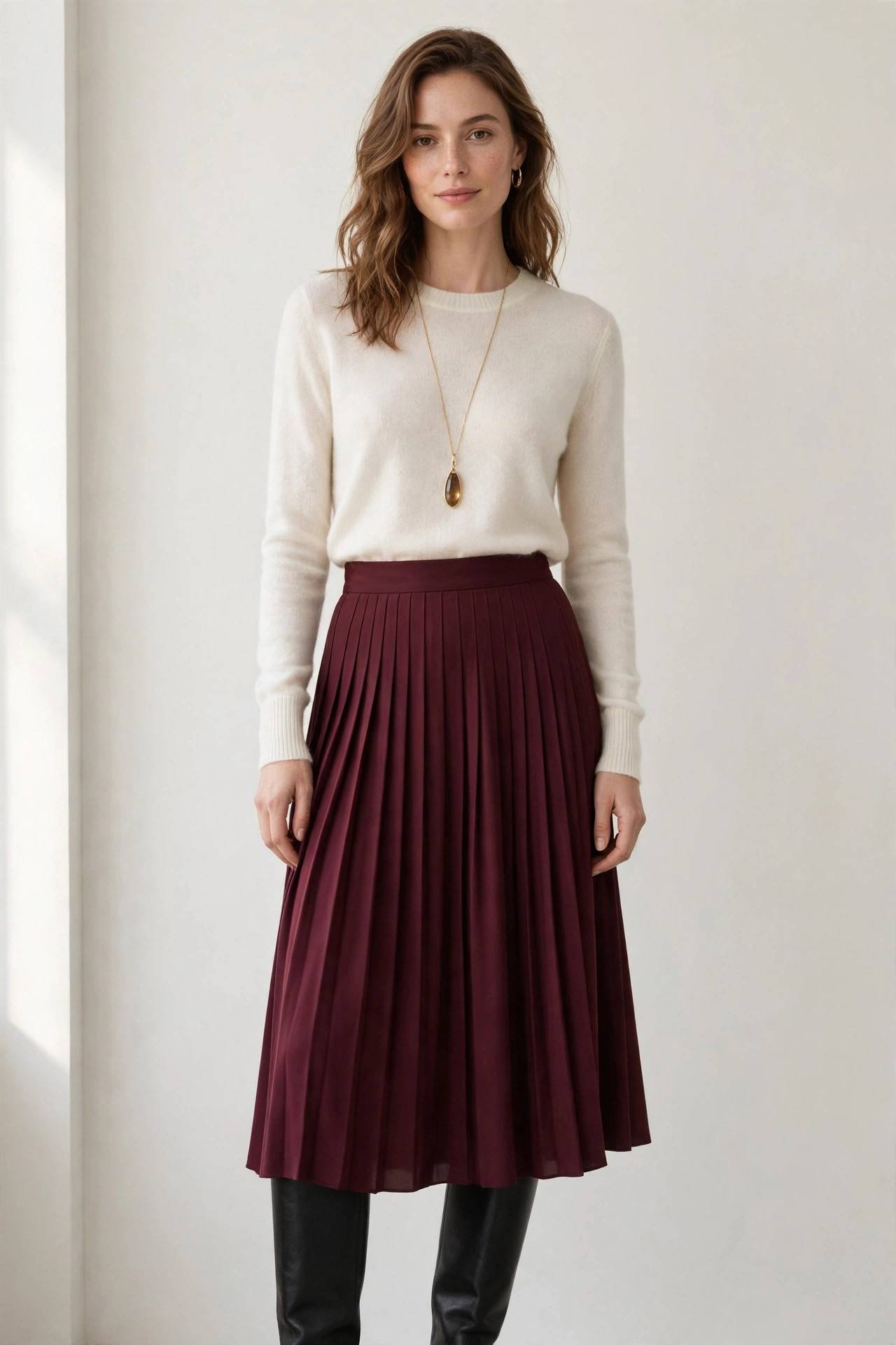 Woman in a cashmere sweater with a pleated skirt