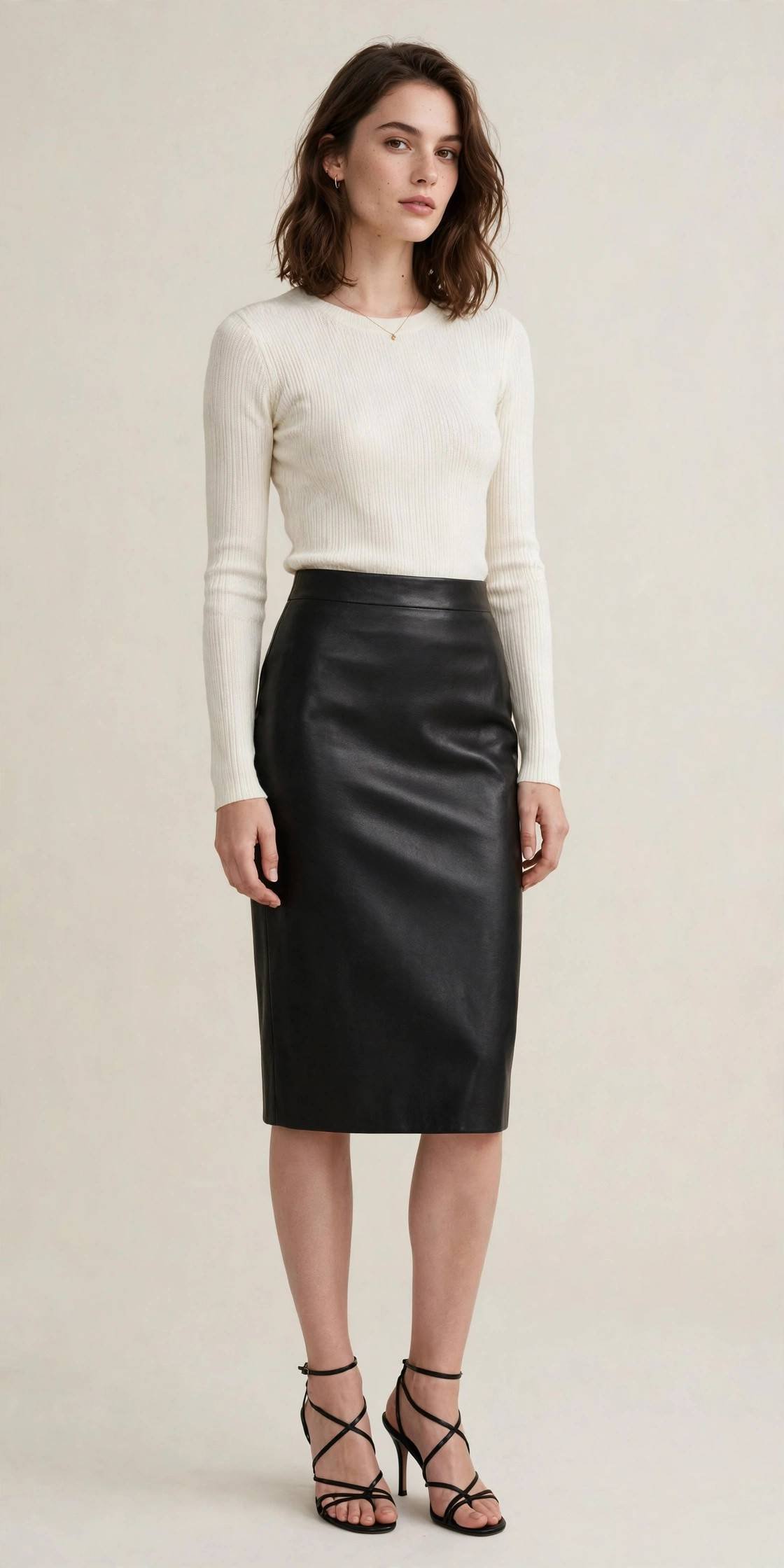 Woman in a leather pencil skirt with a knit top