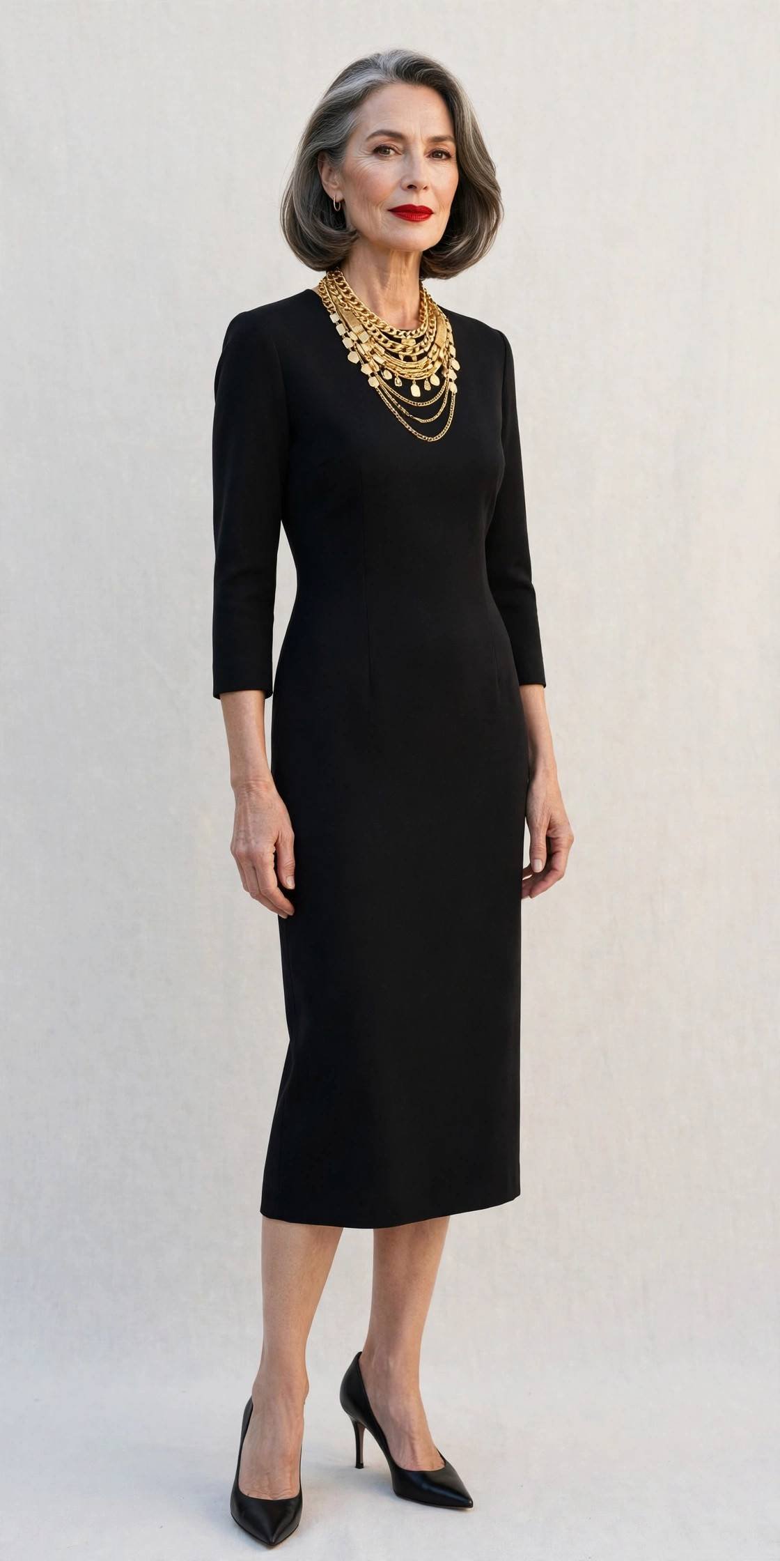 Mature woman in an elegant black midi dress