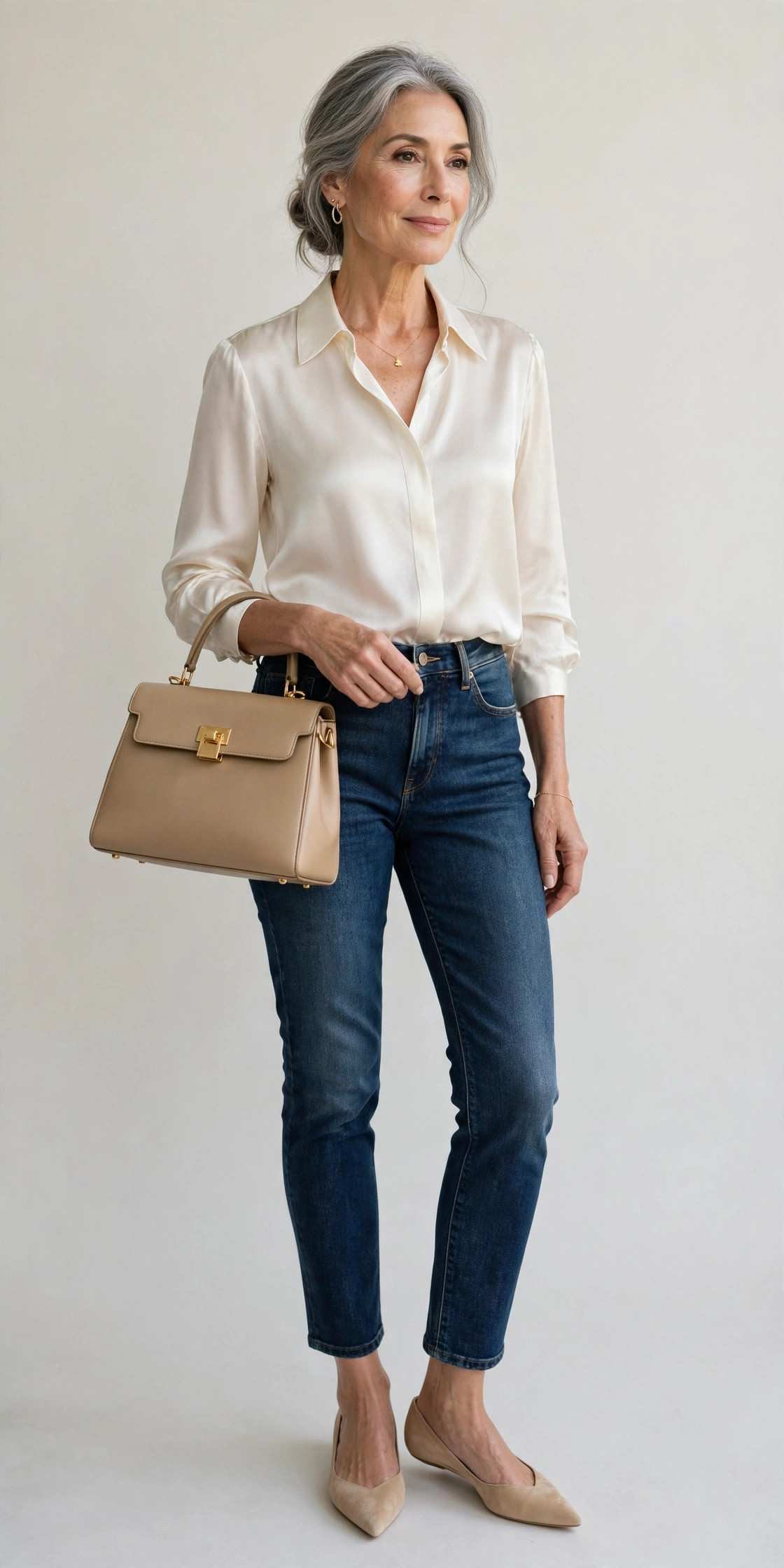 Stylish older woman in a silk blouse and dark jeans