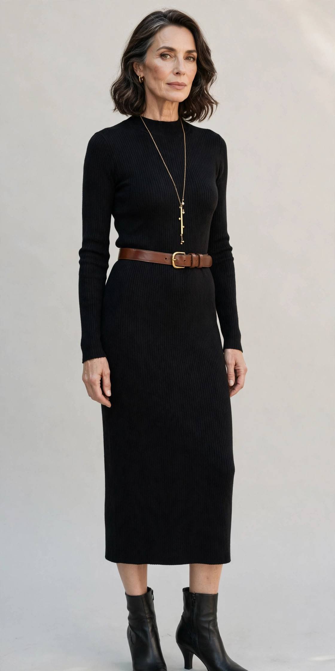 Older woman in an elegant belted knit midi dress