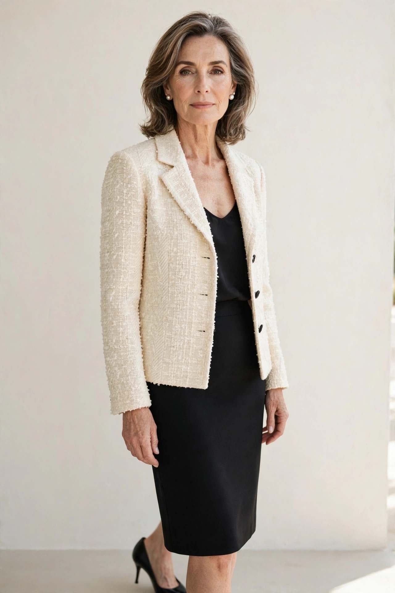 Older woman in an elegant tweed jacket