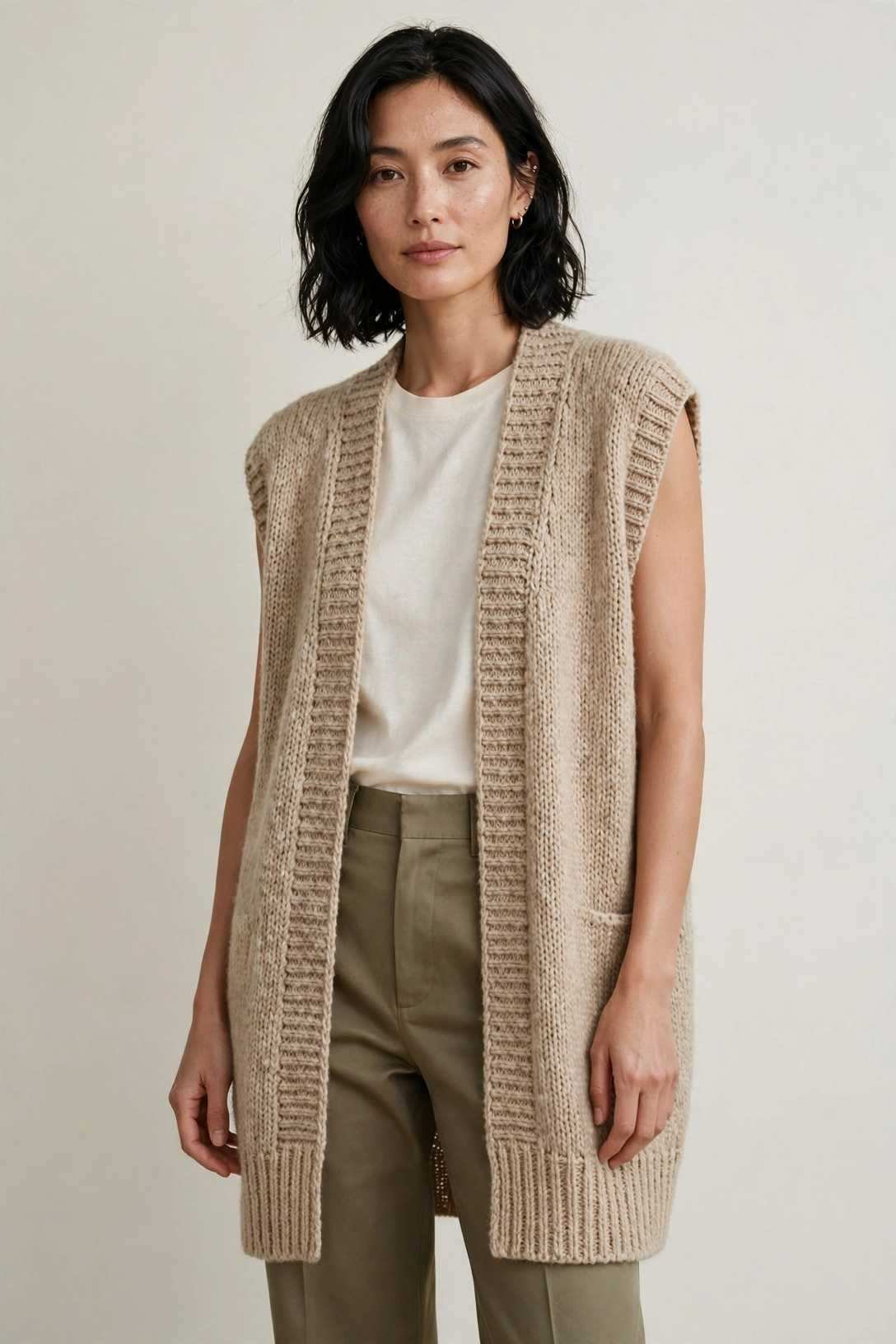 Woman wearing a longline knit vest layered over office attire