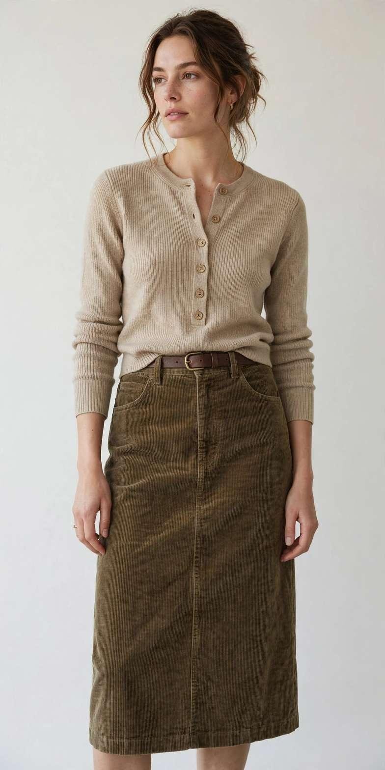 Woman wearing a henley top with a corduroy midi skirt
