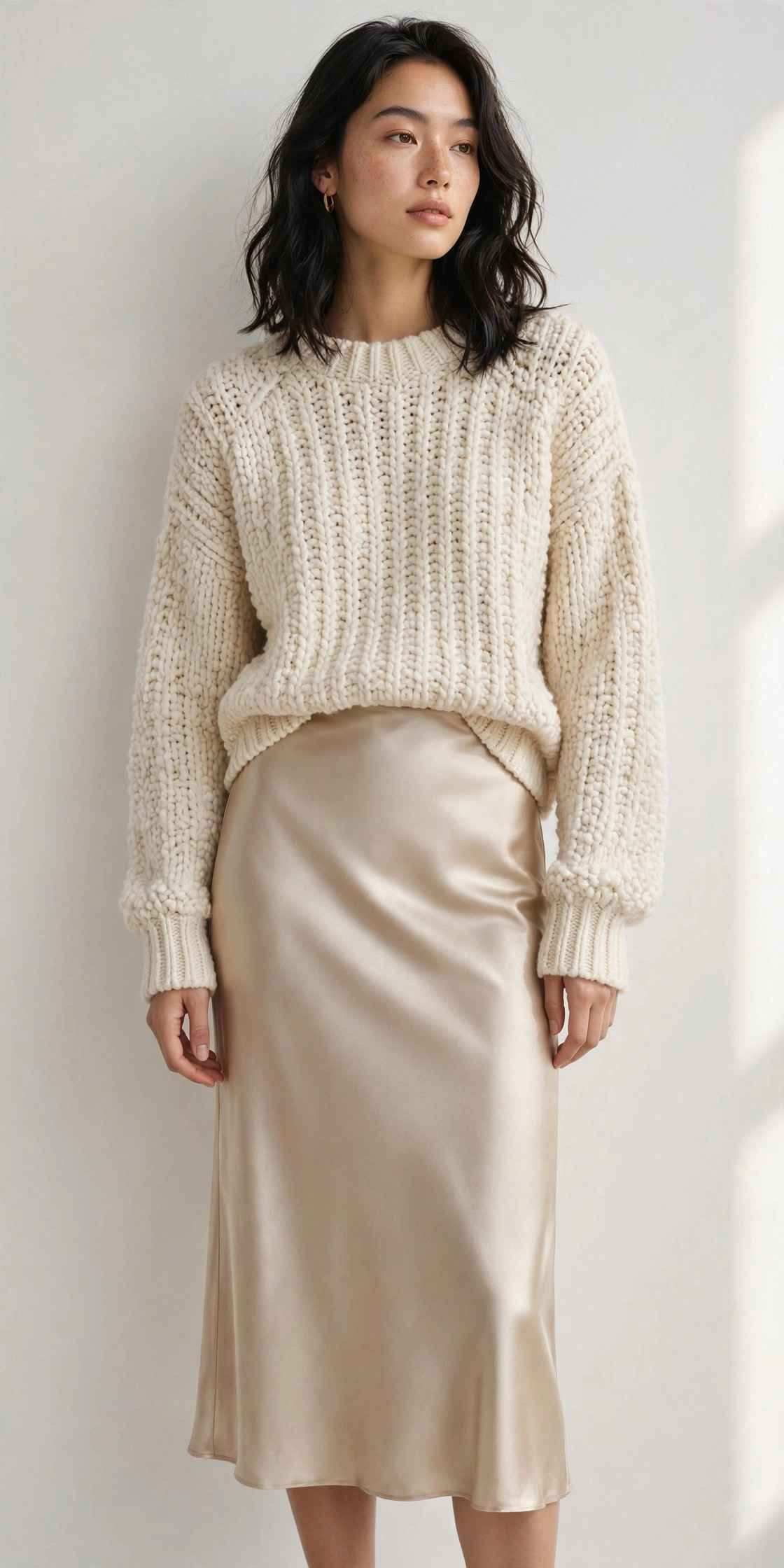 Woman in a stretch satin midi skirt with a chunky knit sweater