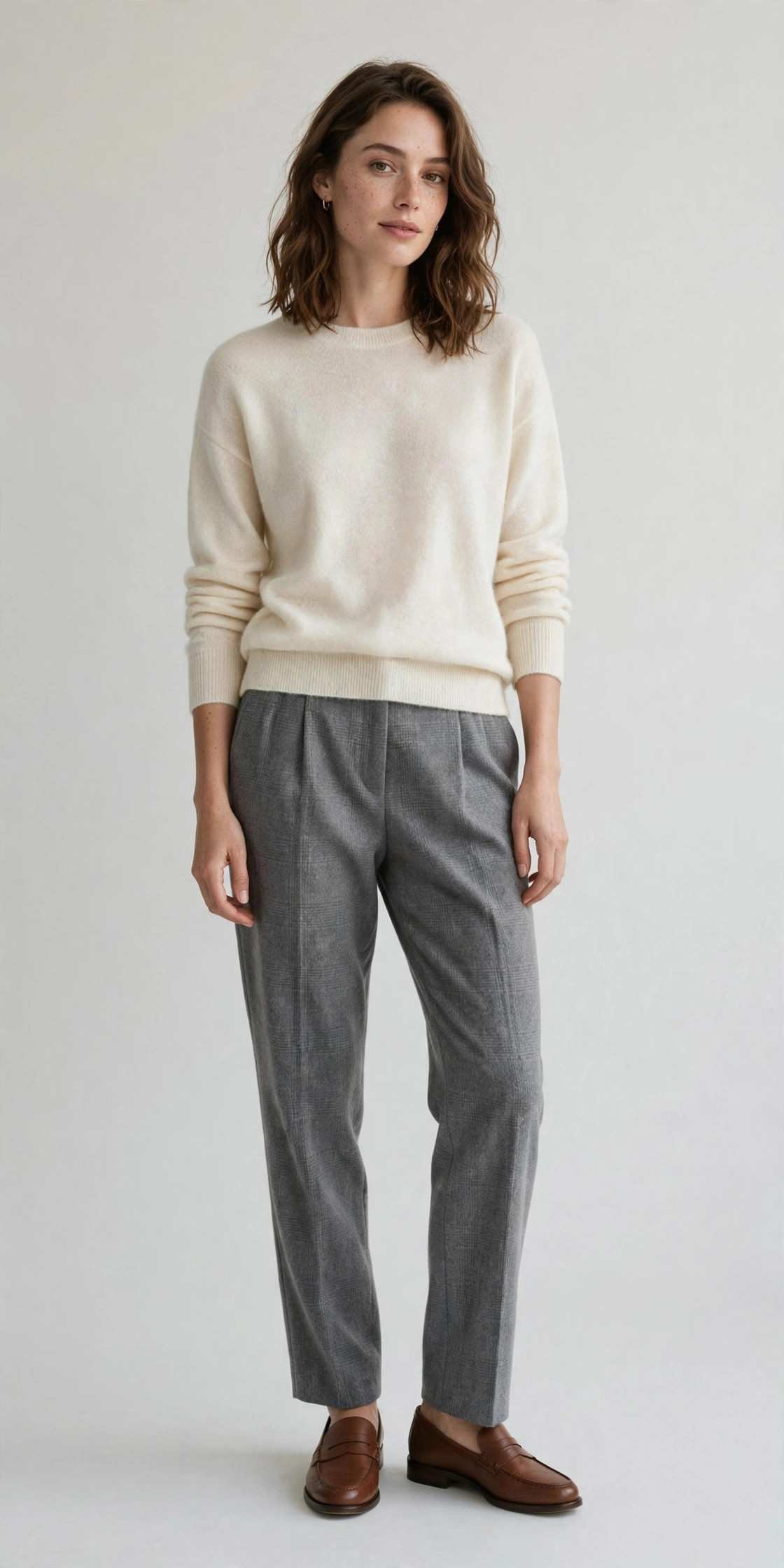 Woman wearing grey flannel trousers with a cashmere sweater