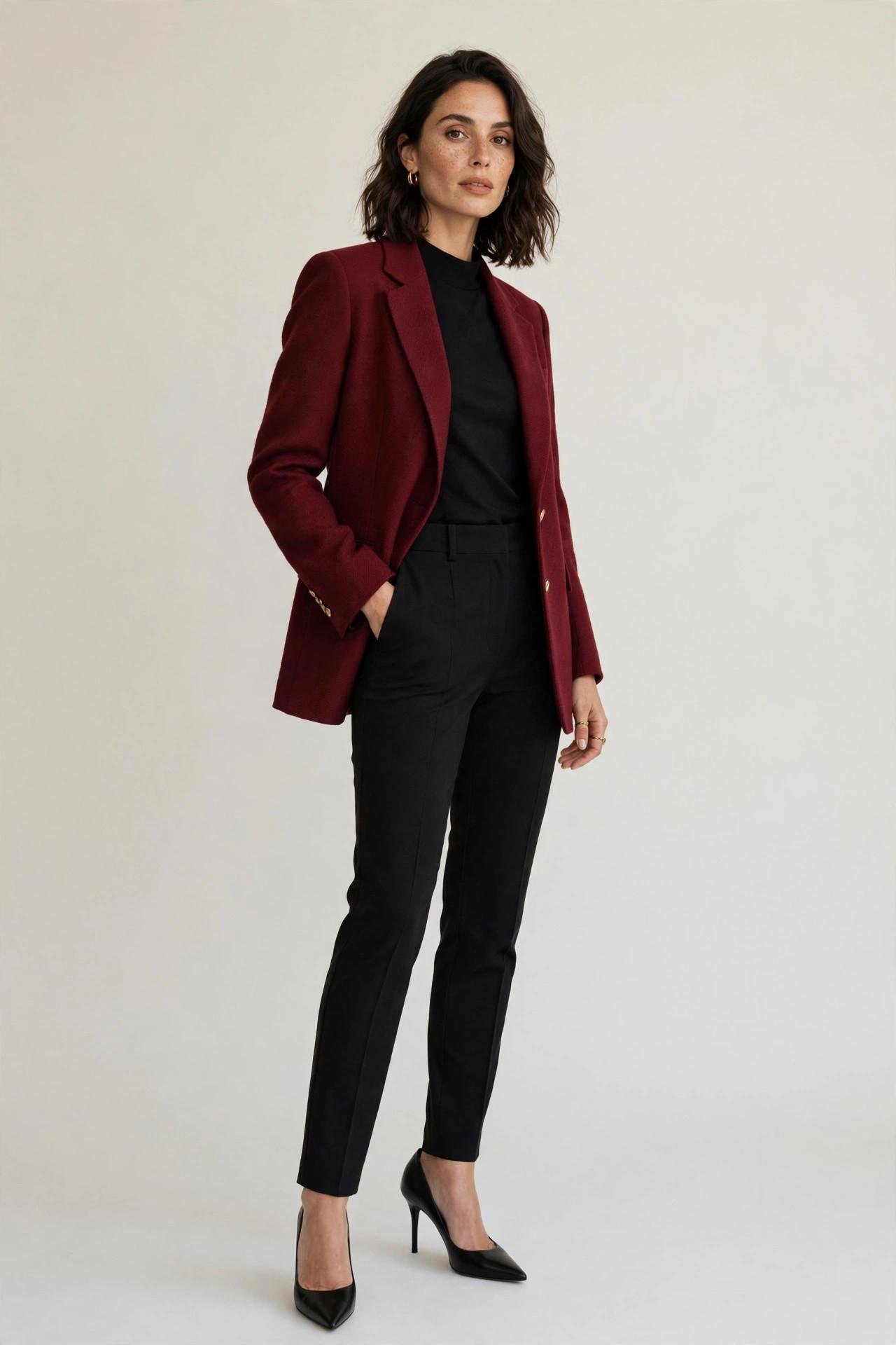 Woman wearing a burgundy blazer with black stretch trousers