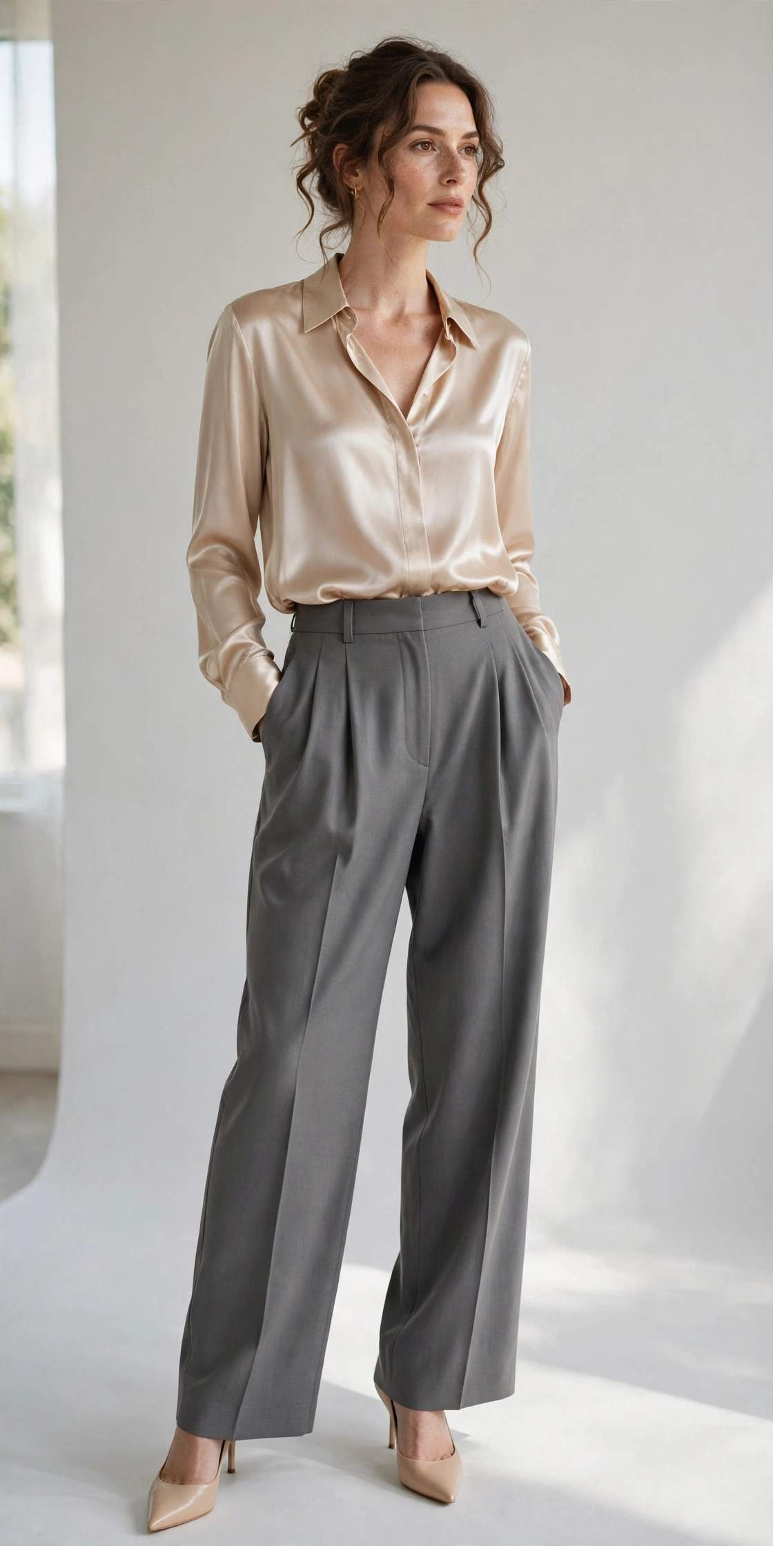 Woman wearing pleated trousers with a satin blouse