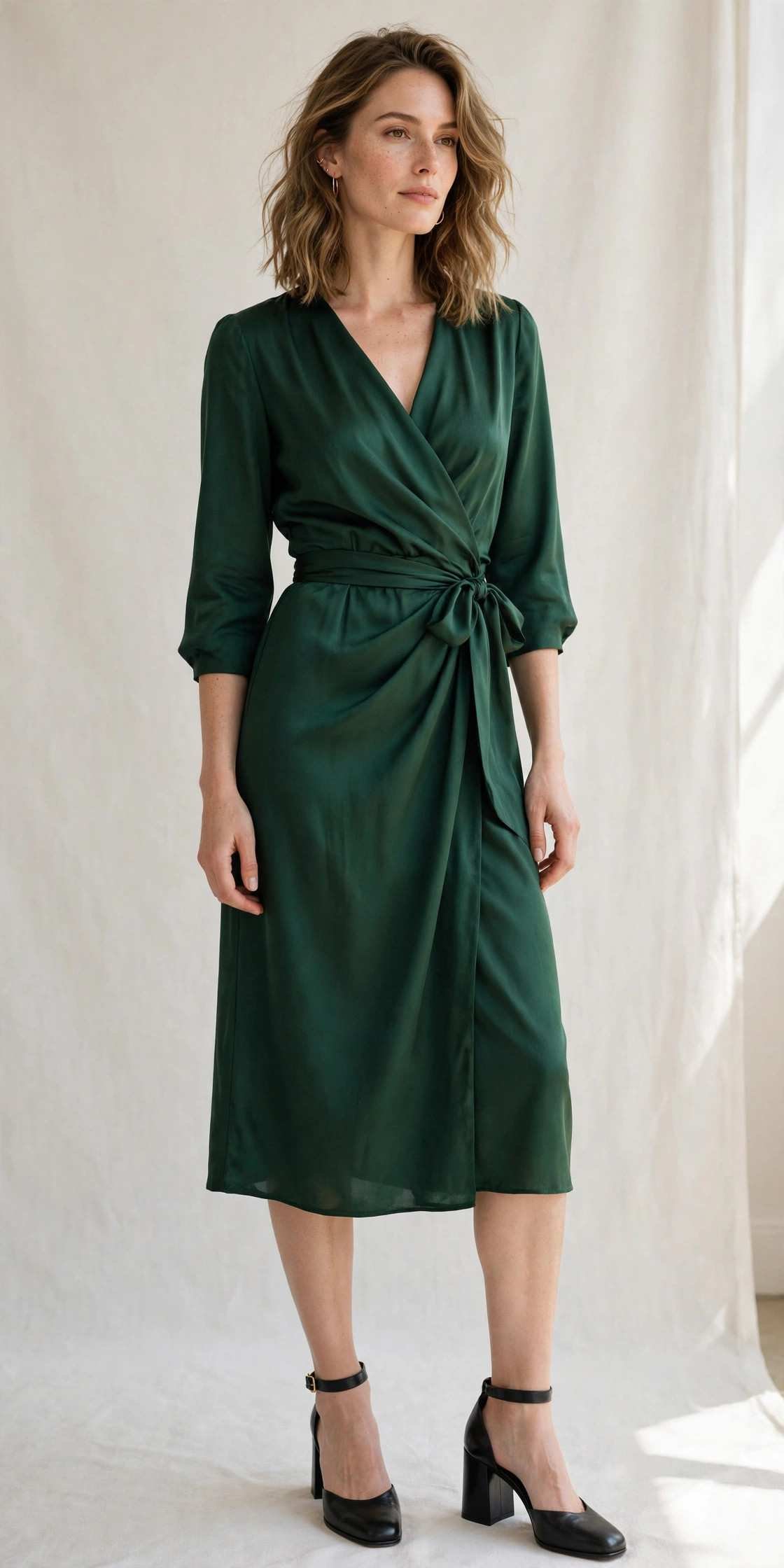 Woman in a forest green wrap dress with block heels