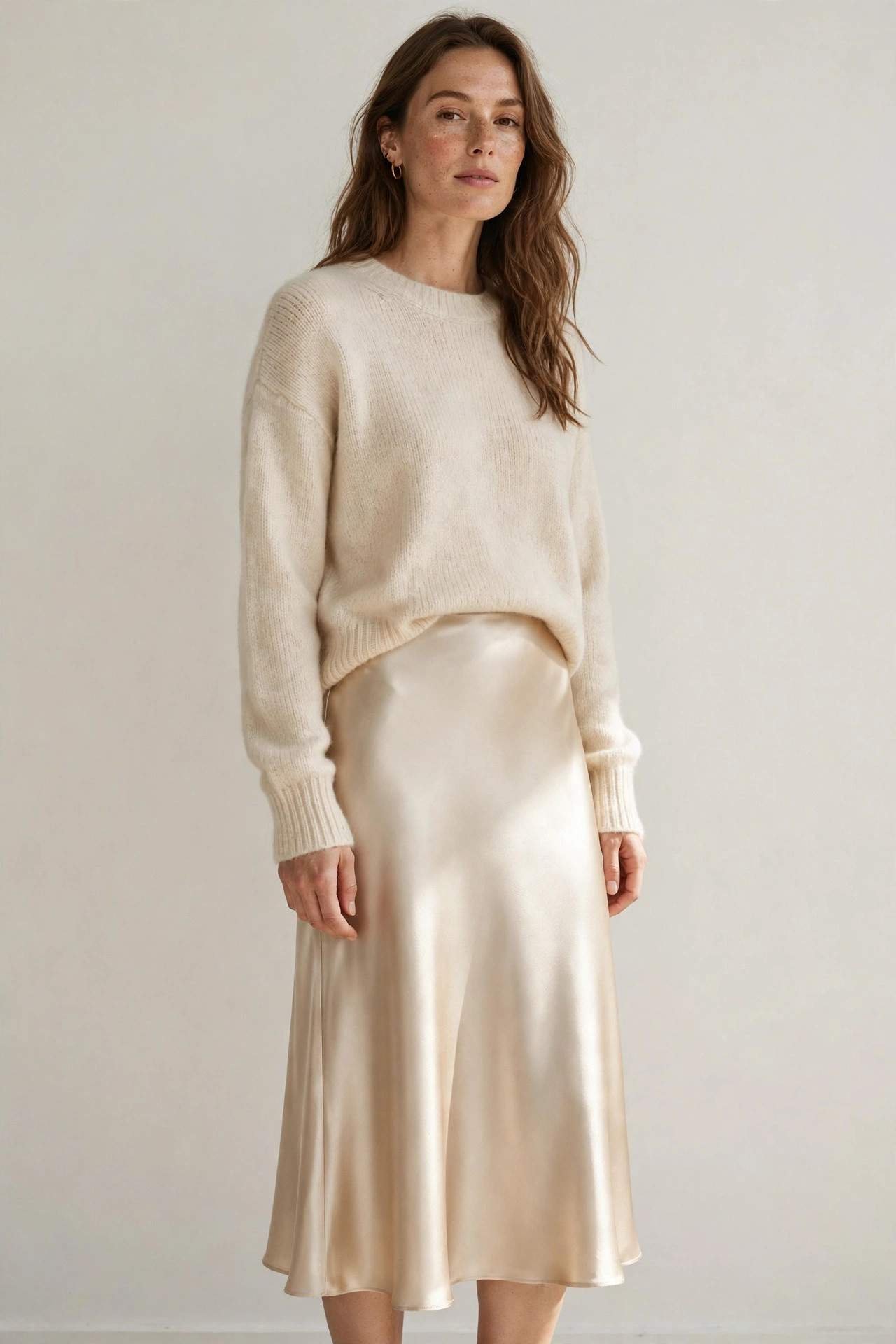 Woman in a champagne satin skirt with a cream knit sweater
