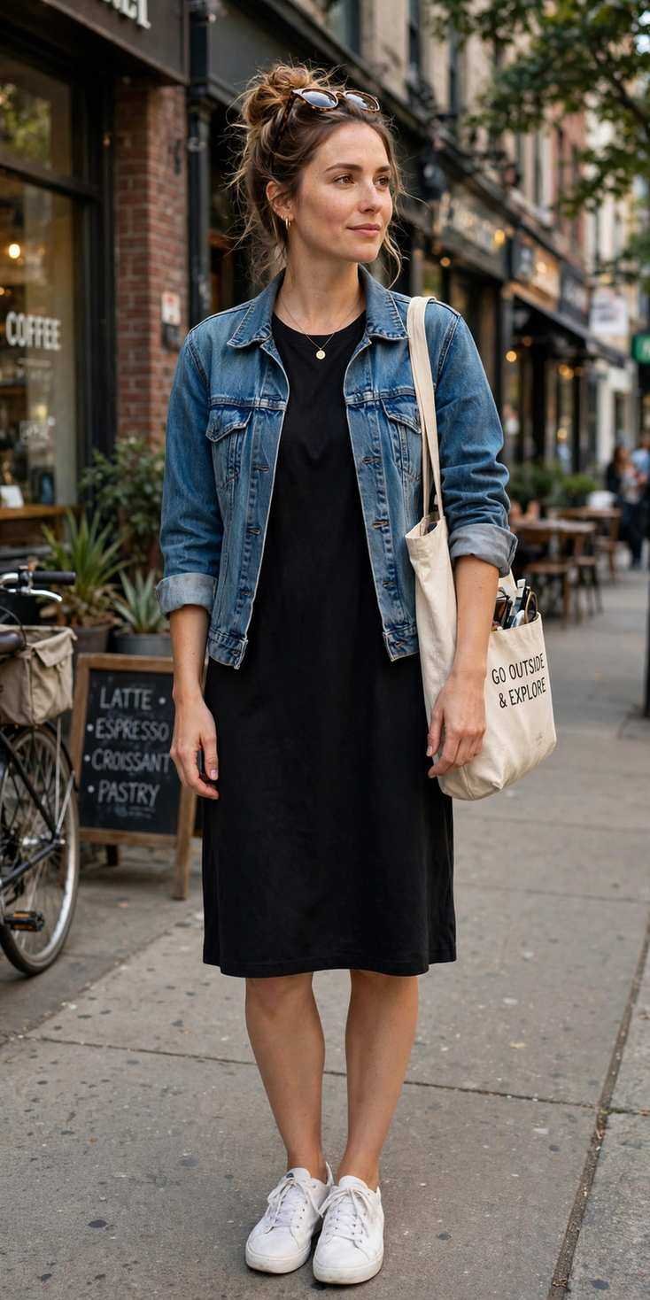 Woman in a black dress and denim jacket in an urban setting