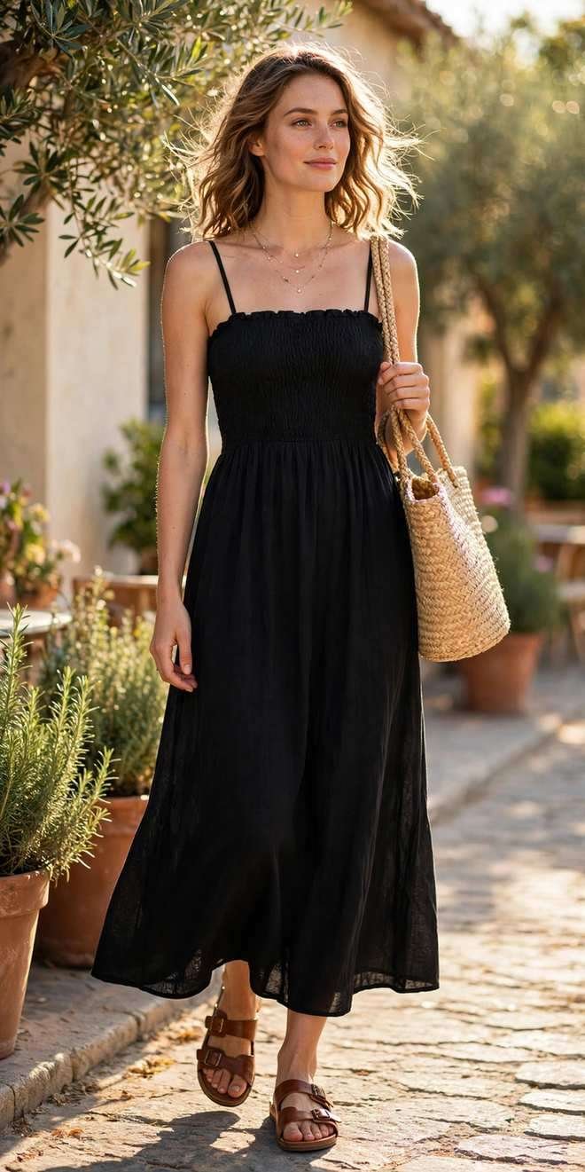 Woman in a black dress standing barefoot on the beach