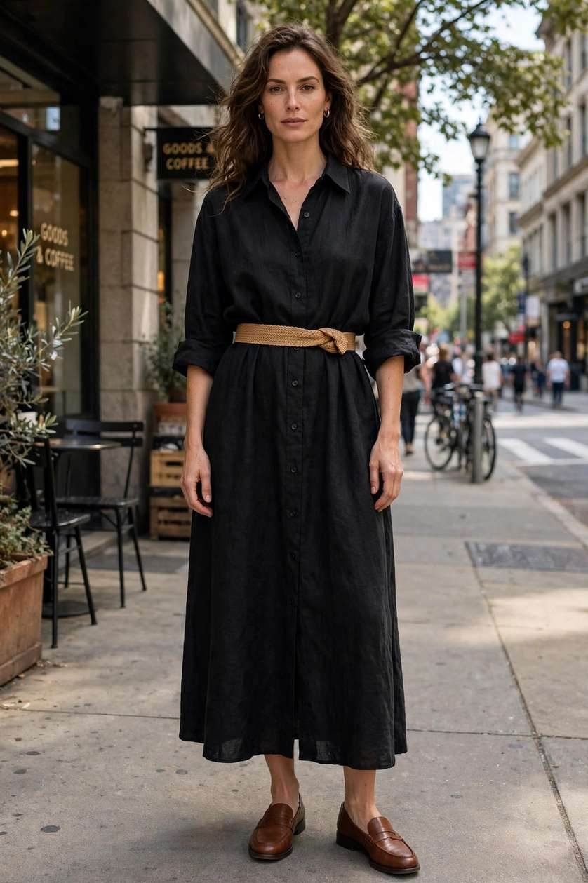 Stylish woman in a black dress and hat on a city sidewalk