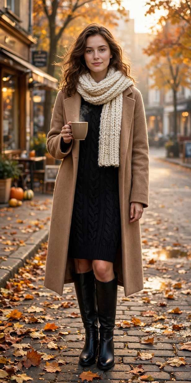 Woman in a black dress and black boots