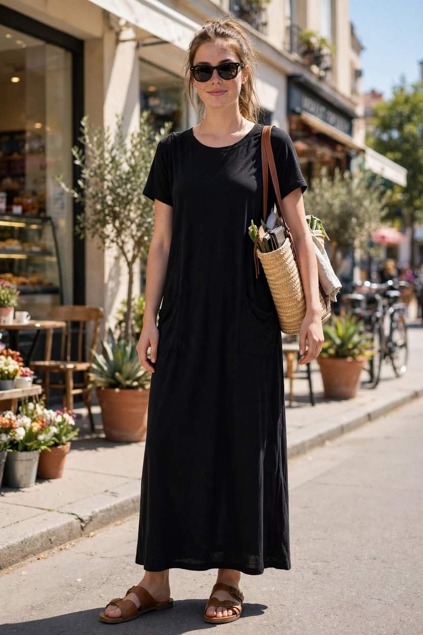 Young woman in a black dress posing outdoors
