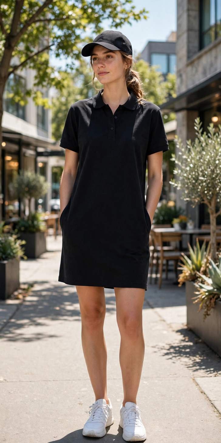 Woman in a black dress and boots in an urban setting