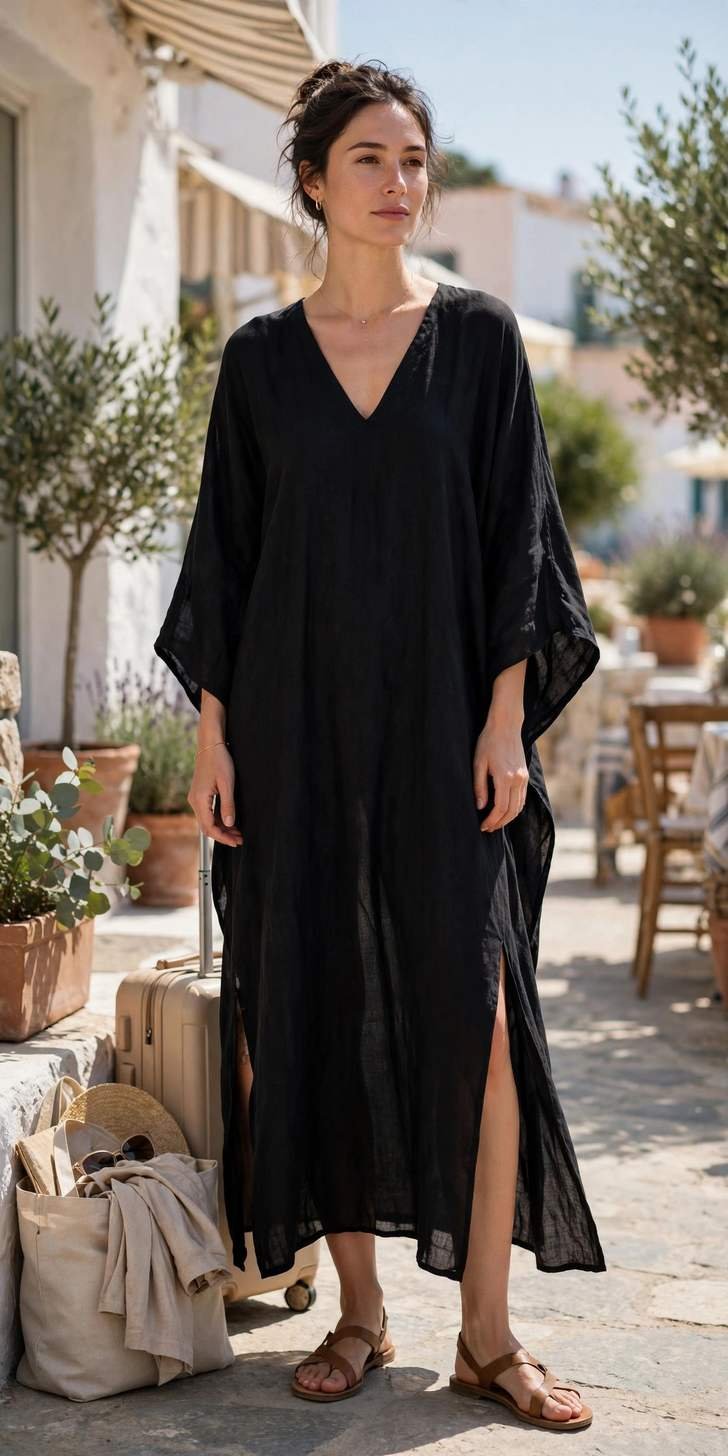 Woman in a black dress walking past a boutique storefront