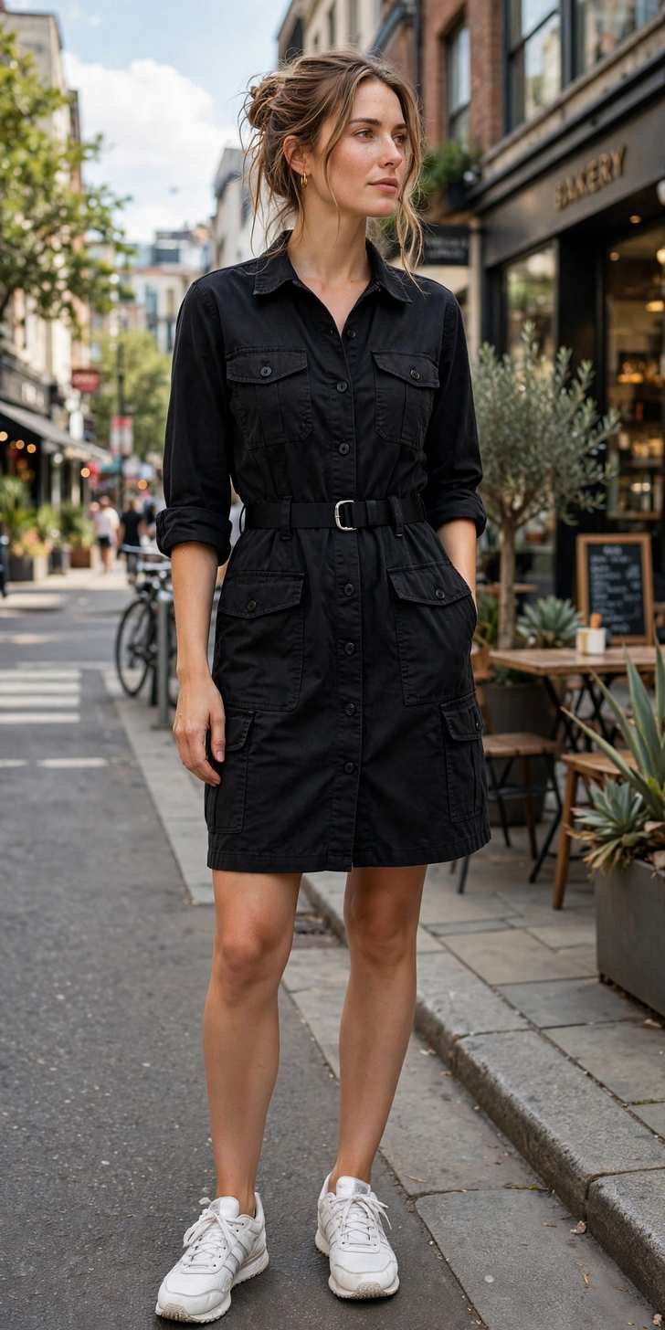 Woman in a black dress walking on a city street