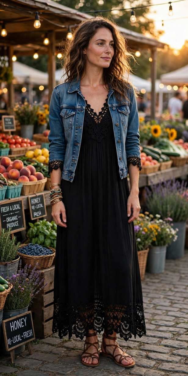 Young woman wearing a dress and a denim jacket