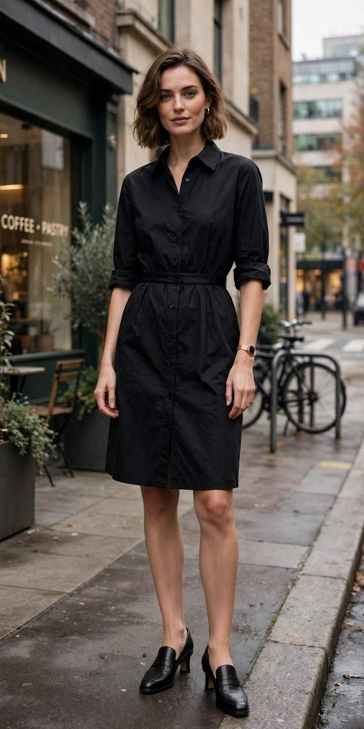 Chic woman in an elegant black dress on an urban street