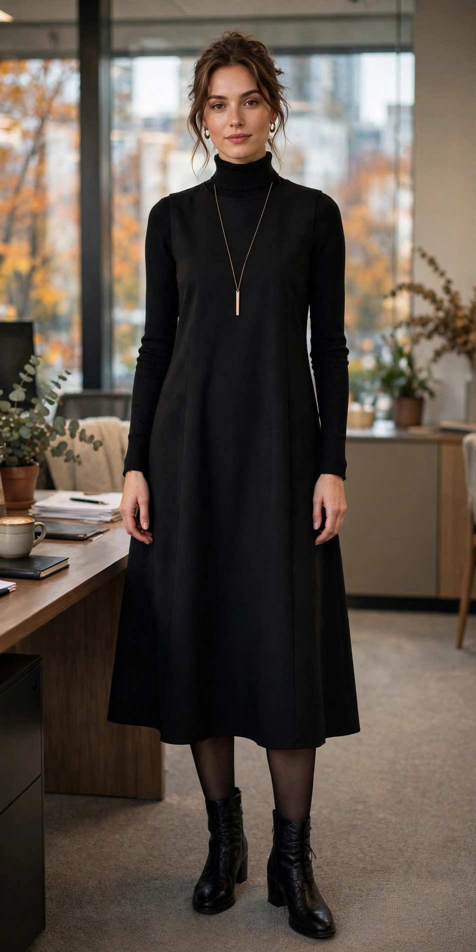 Brunette wearing an elegant black dress with white dots