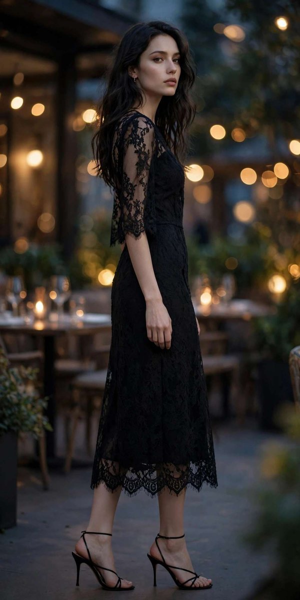 A woman wearing a black lace midi dress with strappy heels