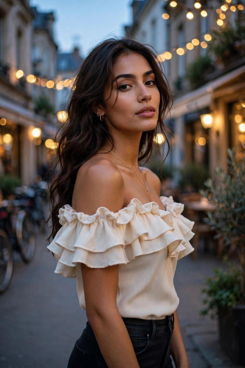 A woman wearing an off-shoulder ruffle top with dark skinny jeans for date night