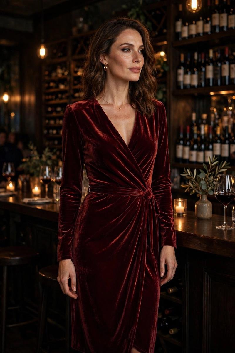 A woman wearing a burgundy velvet wrap dress for an evening date