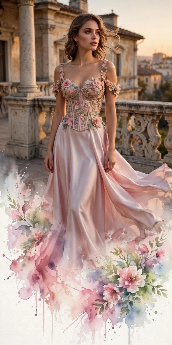 A woman wearing a floral corset top with a satin maxi skirt for date night