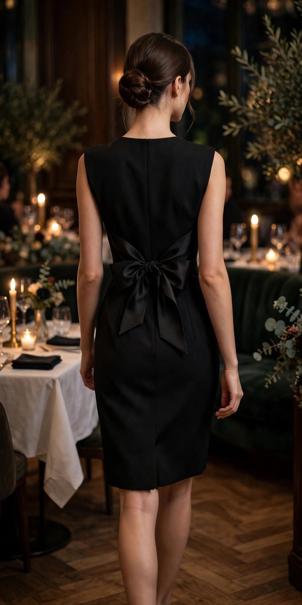 A woman wearing a little black dress with a bow-back detail for evening