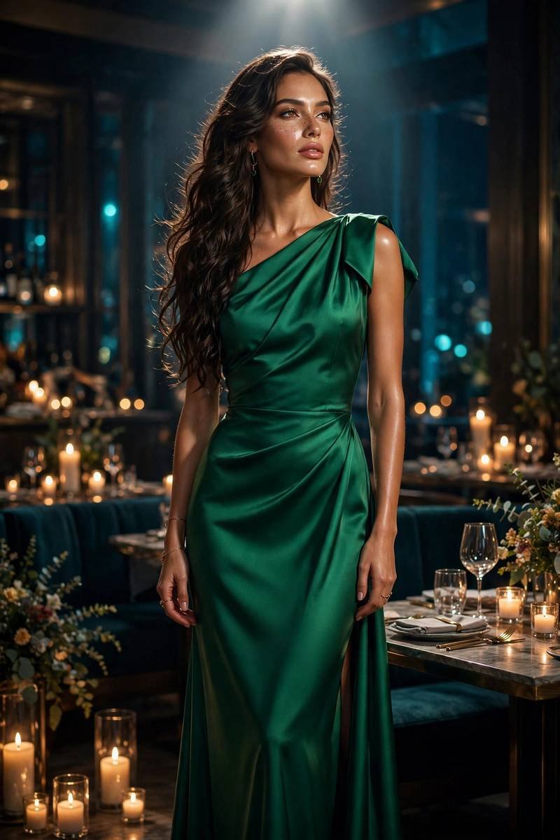 A woman wearing an emerald green one-shoulder dress for evening