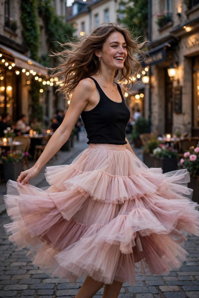 A woman wearing a tiered tulle skirt with a fitted tank for date night