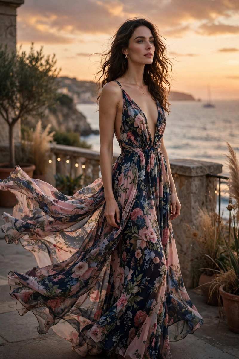 A woman wearing a deep-v floral maxi dress for a romantic evening