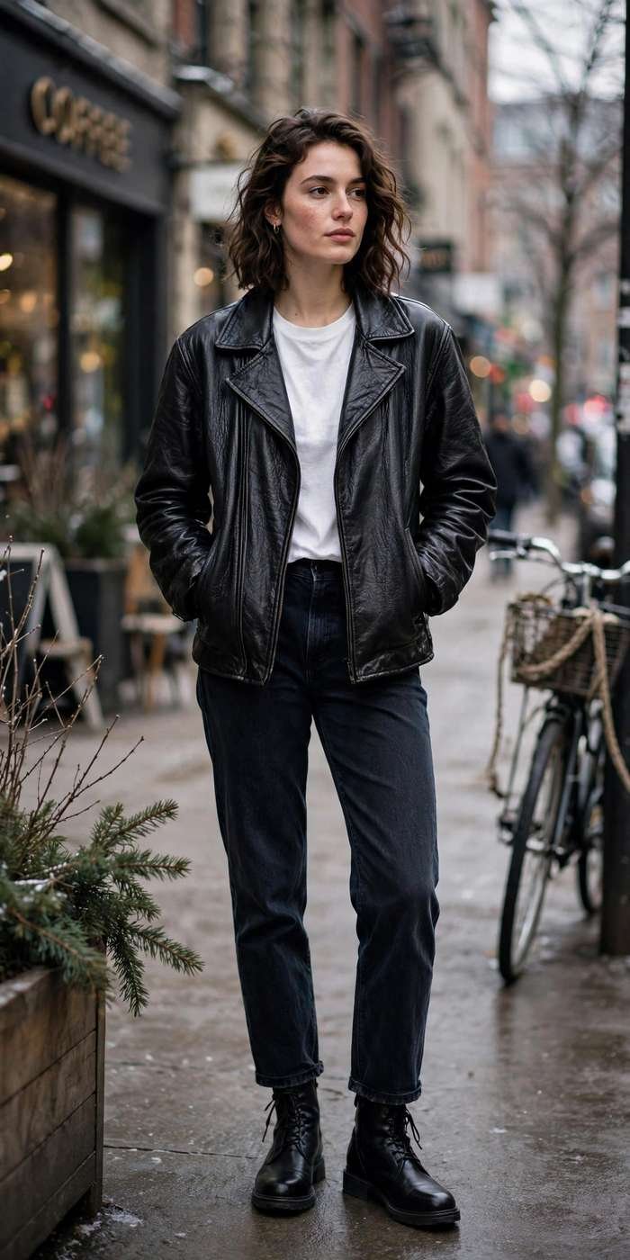 Woman in black leather jacket street style outfit in the city