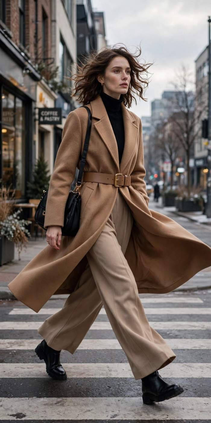 Woman wearing belted wool coat on a city sidewalk