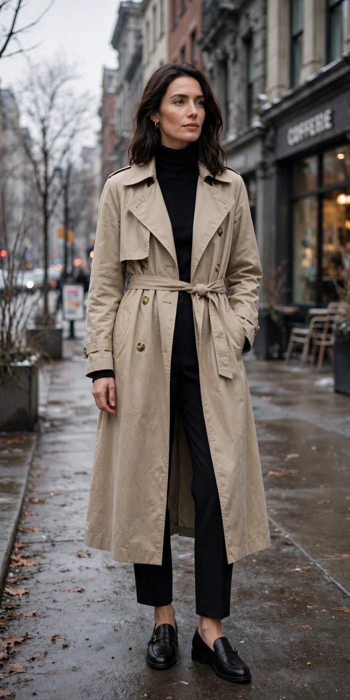 Woman in trench coat street style look