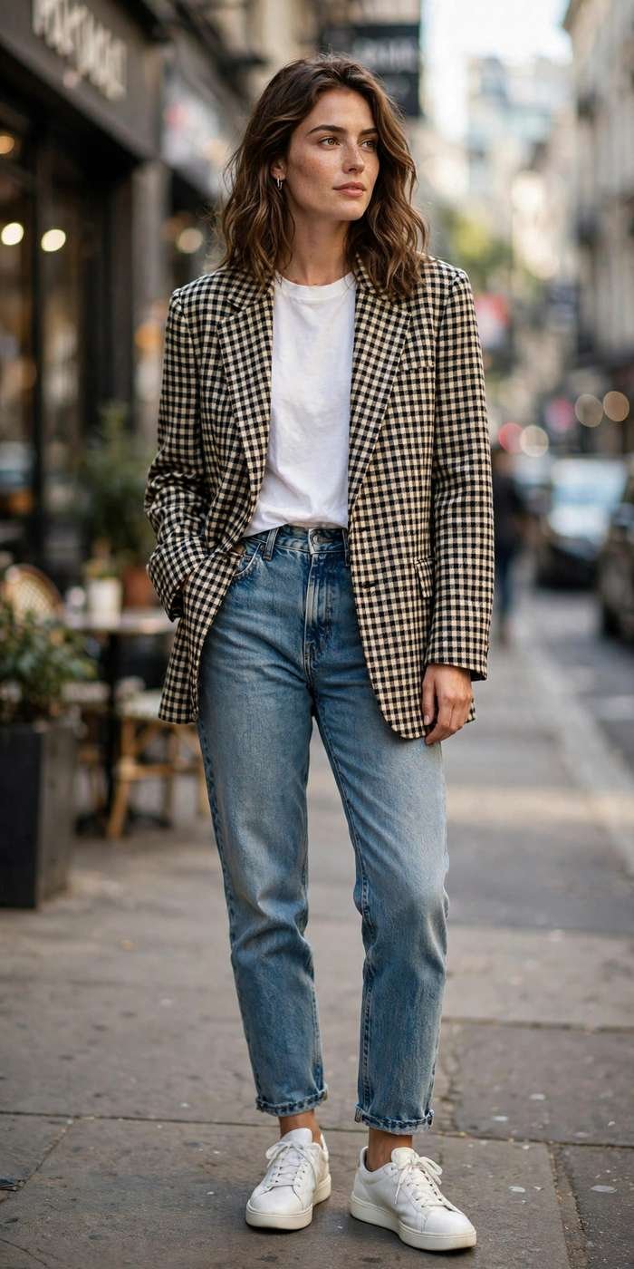 Woman wearing oversized blazer with jeans street style