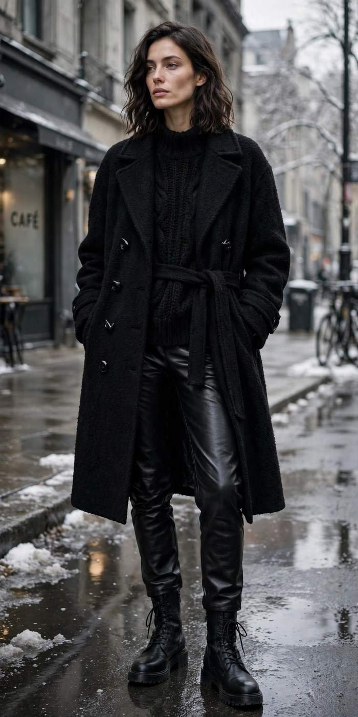 Woman in monochrome black street style outfit
