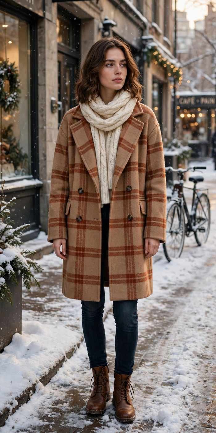 Woman in plaid checkered coat street style