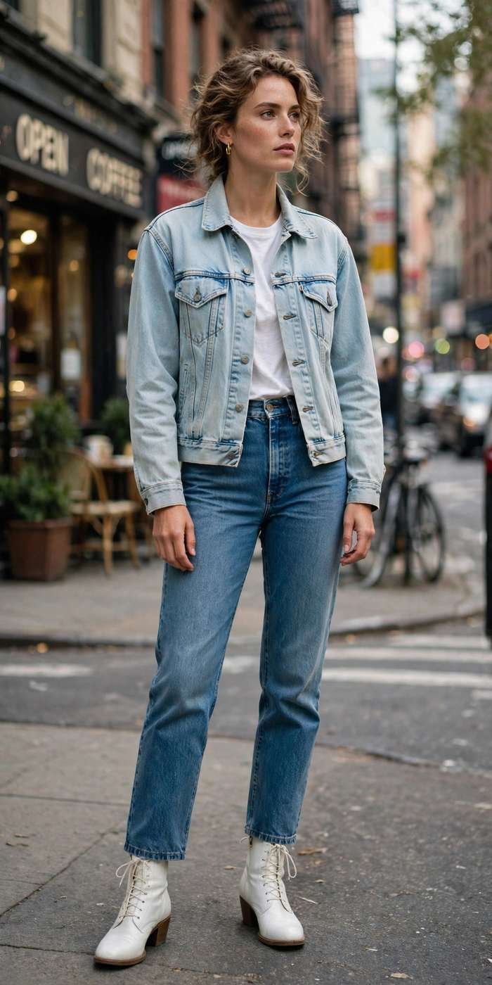 Woman in denim jacket double denim outfit