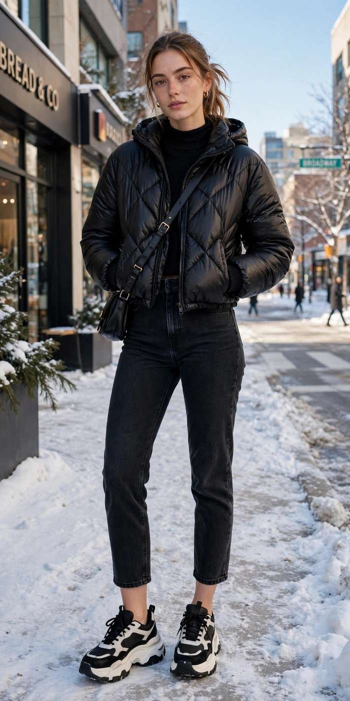 Woman in puffer jacket winter street style