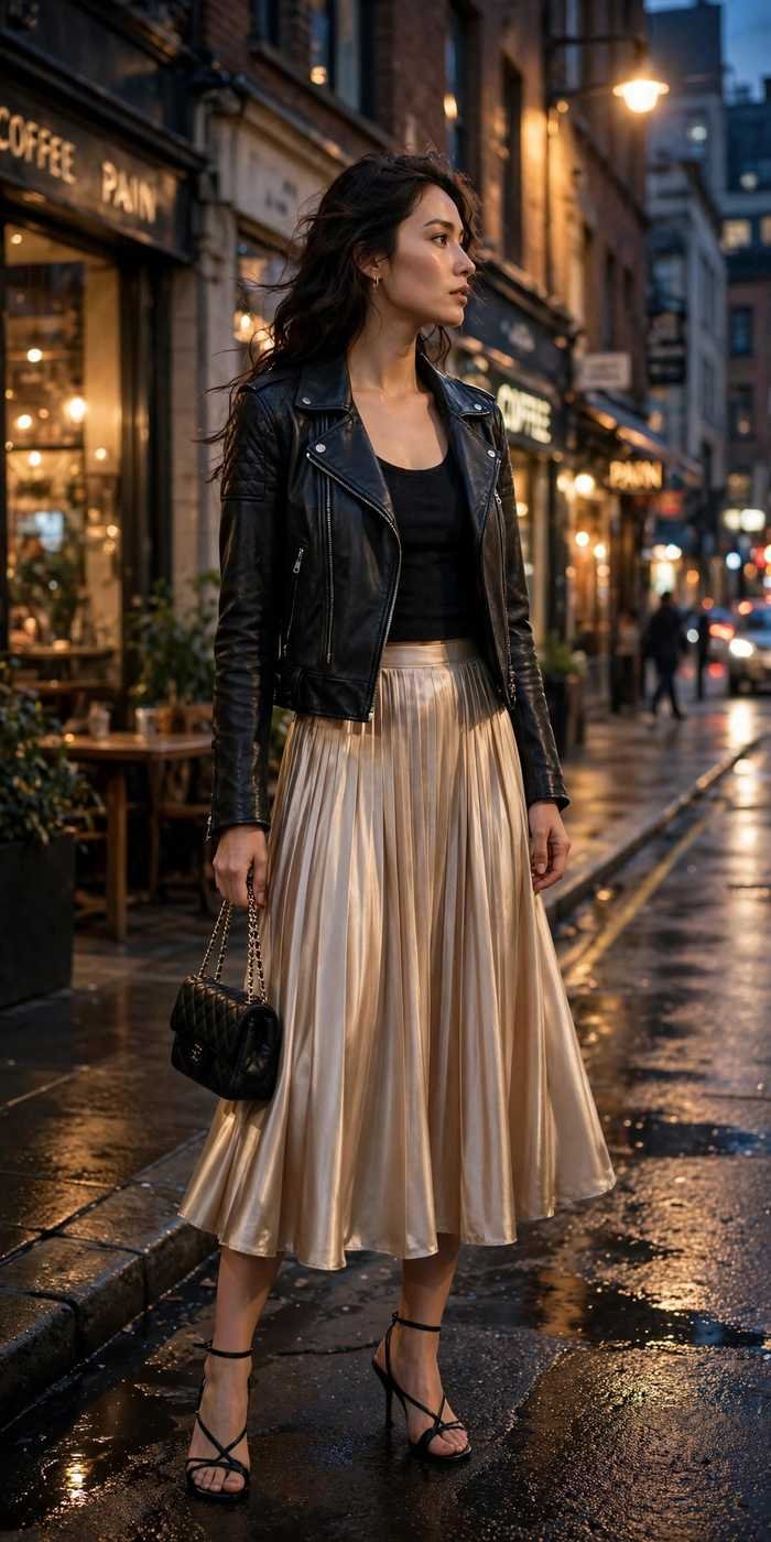 Woman in satin midi skirt outfit