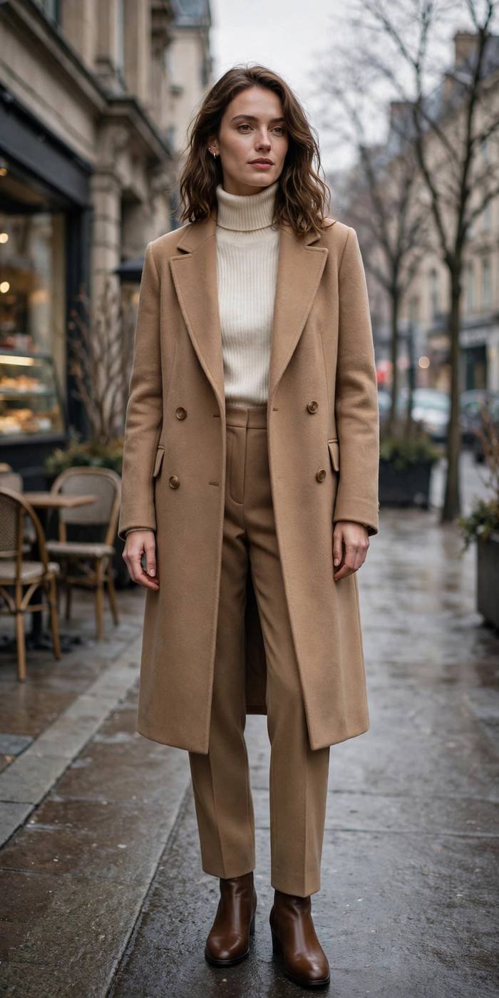 Woman in camel coat with cream turtleneck street style