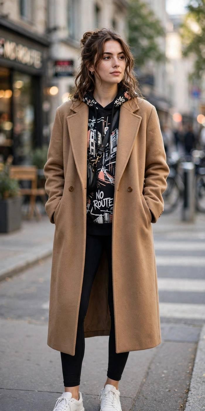 Woman in hoodie casual street style outfit